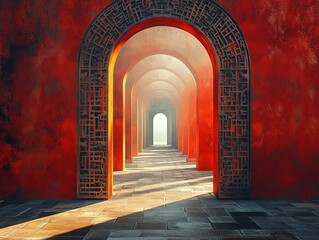 Fototapeta premium Red Architectural Arched Passageway with Repeating Doors and Light at End of Corridor
