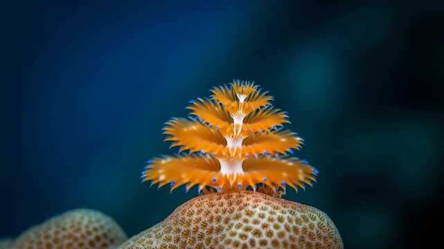 Christmas tree worm with blue tips on coral