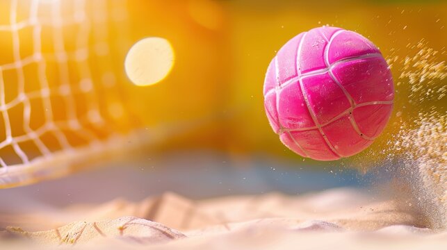 Bright Pink Ball in Motion Approaching a Goal in a Dynamic Beach Environment With Sand Particles Flying Around - Powered by Adobe