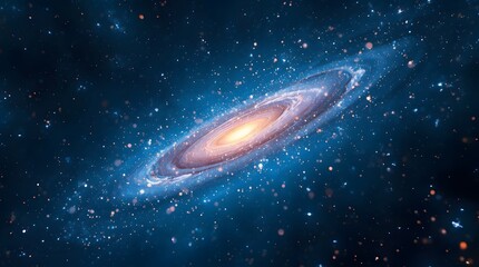 A radiant spiral galaxy with a glowing golden core and swirling blue-white arms filled with stars and dust, symbolizing cosmic energy, stellar birth, and the vast beauty of the universe.