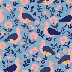 Vector illustration of seamless floral pattern with southern giant petrel birds in spring for Wedding, anniversary, birthday and party. 