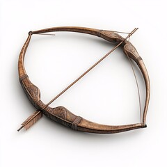 Detailed bow and arrow, handcrafted with ornate carvings, showcases sport heritage. A traditional archery weapon, isolated in white background for clear focus on artisanal design and archery sports.
