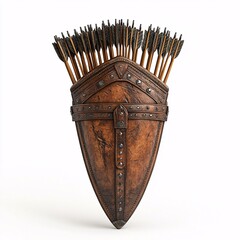 Archery gear isolated on white background, showcasing a quiver filled with arrows. The quiver has leather texture, with metal rivets and decorative elements. Sport and hunting themed composition.