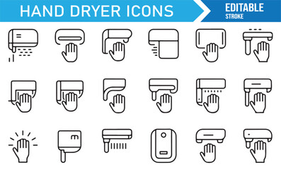 Minimal line hand dryer icons collection, air blower symbols for bathroom, hygiene, and sanitation concepts