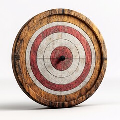 A wooden target with red and white rings is presented isolated on a clean white background. The bullseye represents precision, accuracy, and achievement in sport. The target's texture provides depth.