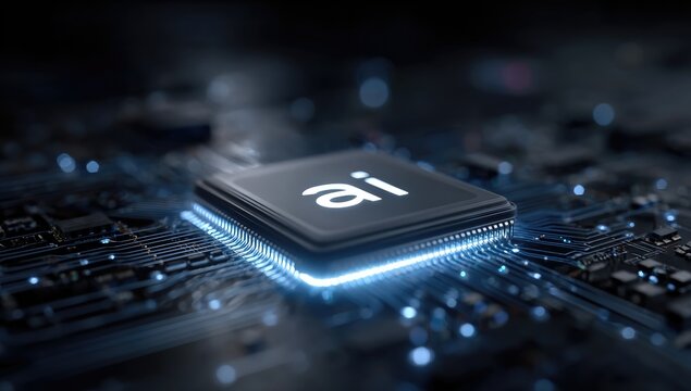 Advanced Microprocessor with AI Illumination on a Circuit Board with Blue Digital Glow and Bokeh Lights Showing Futuristic Technology Concept