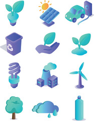 Eco Technology Isometric Icons Set - Renewable Energy, Sustainability and Green Future Concept.eps