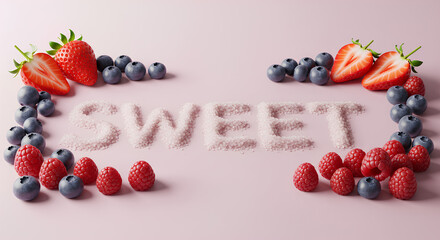 SWEET Text Written in Granulated Sugar Surrounded by Fresh Strawberries, Blueberries, and Raspberries on a Pink Background