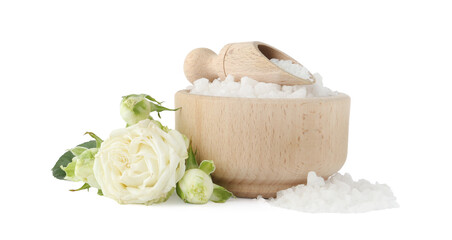 Sea salt, scoop and beautiful rose flowers isolated on white