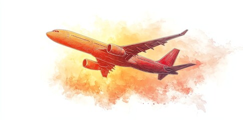 Commercial Airplane Flying Through Colorful Sky During Sunset