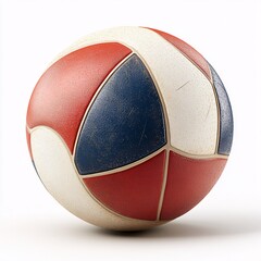A studio shot features a volleyball in red, white, and blue, positioned against an isolated white background. This clean and detailed image is ideal for illustrating sports concepts.