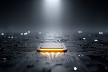 AI Chip on Circuit Board with Dramatic Lighting and Technology Theme in Dark Background