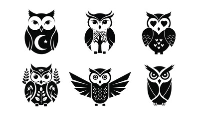 Set of Six Stylized Owl Logos - Monochrome Silhouette Icons for Wisdom, Nature, Night, Education, and Mystical Brand Identity Vector Collection