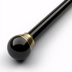 A black walking stick with gold trim against an isolated white background. The cane is sleek, elegant, and modern, making it suitable for luxury concepts and sporting events themes.