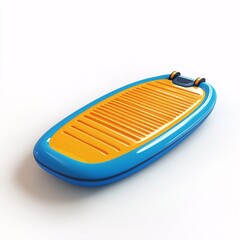 A blue and yellow inflatable paddleboard isolated on a white background, rendered in 3D. Great for watersports, recreation, and fitness. Perfect for summer fun and vacation adventures.