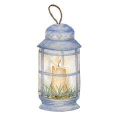 Watercolor Christmas Lantern Illustration. Festive Candlelight Cozy Holiday Clipart. A cozy symbol of Christmas night, hygge, and festive decor. Perfect for cards, winter decorations, holiday designs