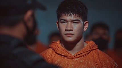 Obraz premium A young man in an orange hooded shirt stands in a room with other people in the background.