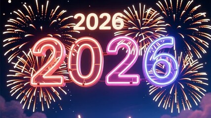 Electrifying 2026 neon numbers glow brightly amidst a dynamic display of colorful fireworks, heralding a grand celebration and exciting new beginnings with festive energy for a prosperous year ahead