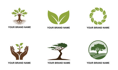 Professional Nature and Tree Logo Set - Organic, Ecology, Growth, Environment, and Health Brand Identity Collection with Leaves, Roots, and Hands Vector