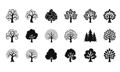 Set of Diverse Tree Icons - Monochrome Silhouette Collection of Broadleaf, Conifer, and Abstract Trees - Nature, Forest, Ecology, and Landscape Vector