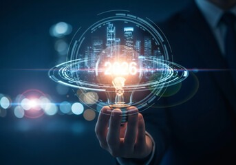 "Futuristic concept of a hand holding a transparent glowing light bulb with a holographic '2026' projection, surrounded by blue data rings and neon light effects, symbolizing innovation and future tec