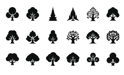 Set of 20 Diverse Tree Icons - Monochrome Forest, Nature, and Plant Vector Collection - Abstract, Broadleaf, Evergreen, and Stylized Silhouettes