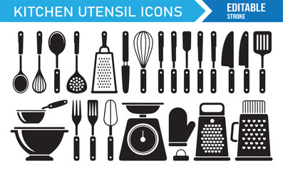 Minimal kitchen utensil symbols vector pack with black silhouettes of culinary equipment and tools