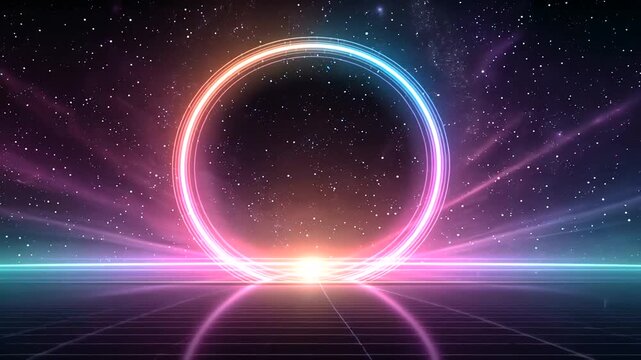 Futuristic Neon Portal Surrounded by Vibrant Cosmic Space and Stars