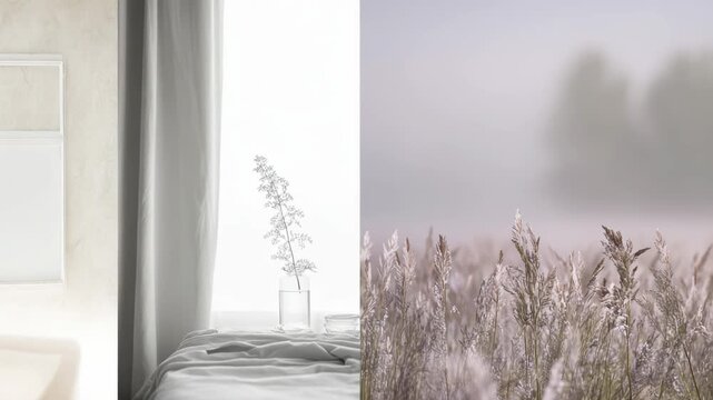 Video animation. Nordic summer images split into three vertical panels, interior, exterior, and landscape, with retro aesthetic, soft foggy lighting, and peaceful nostalgic vibes