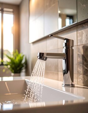 Chrome faucet with running water over a white sink in a modern bathroom. Sunlight streams through a window