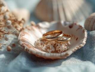 Close-up of Wedding Rings Inside Seashell with Coral and Blue Textile for Coastal Romance Aesthetic and Dreamy Stock Photography

