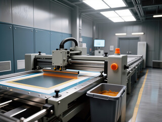 Automated screen printing machine in industrial workshop.