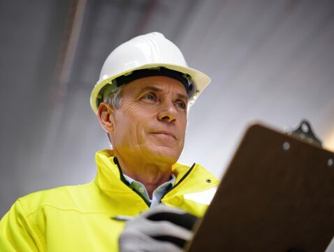 Senior man in hard hat reviews clipboard on factory floor