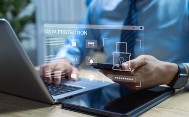 Concept of data protection, cybersecurity, and digital privacy. Business professional using secure technology for encryption, network protection, and online safety.