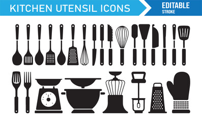 Kitchenware line and solid icons set, cooking utensils collection for culinary and food illustration