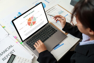 Budget Analysis. Professional presenting financial pie chart on laptop.