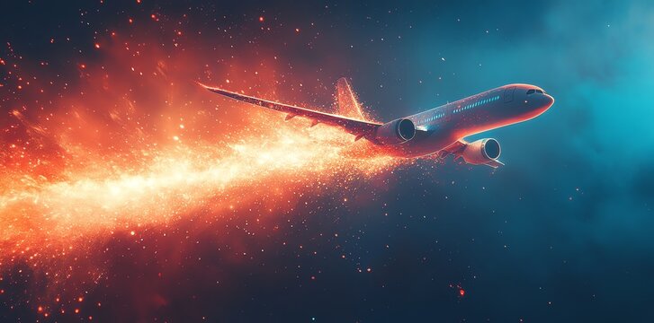 Commercial Airplane Flying Through Fireworks Night Sky with Bright Sparkles and Blue Clouds - Powered by Adobe