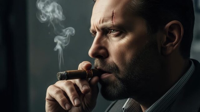 Man smoking a cigar with a scar on his face in a dark setting indoors video Generative AI