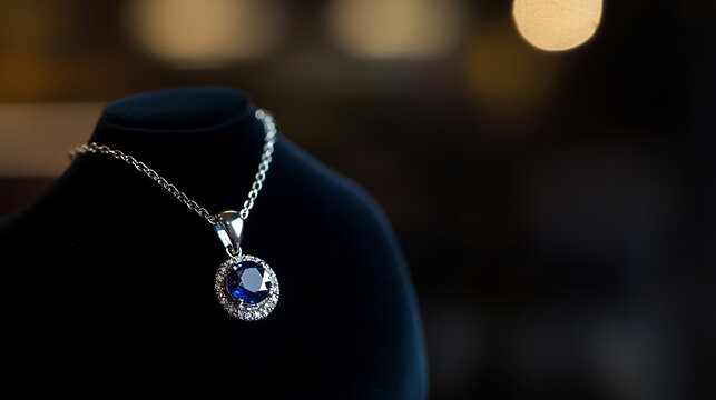 Elegant pendant necklace featuring a vibrant blue gemstone surrounded by sparkling stones, displayed on a dark velvet stand. Jewel elegance shines.