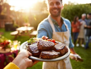 Grilling beef steak at backyard barbecue with warm golden sunset