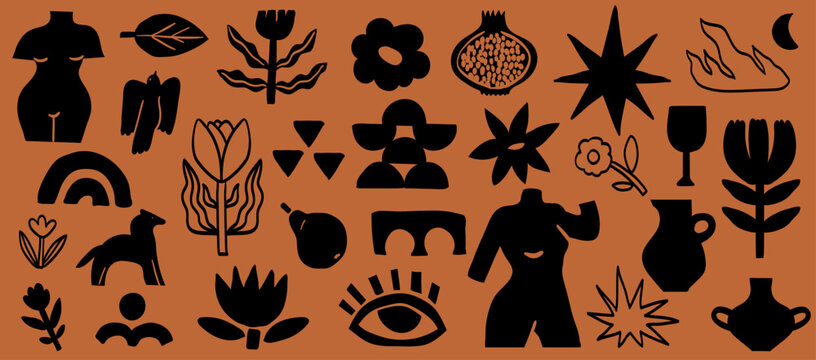 Naive organic shapes hand drawn collection. Vintage cut out doodle elements. Trendy shape silhouette, simple abstract form like star, flower, body part, bird, flame vector set for branding and print.