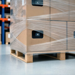 Close-up of shrink-wrapped cardboard boxes on a pallet in storage.