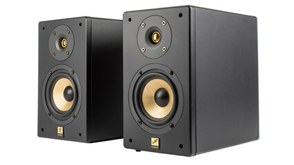 Pair of black bookshelf speakers with gold accents, isolated on transparent background