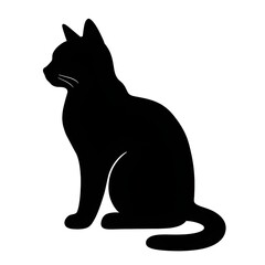Black cat silhouette in side profile, sitting with curled tail, minimalist on white background, clean graphic for logos, icons, and Halloween designs.