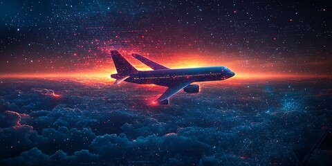 Commercial Airplane Flying in Night Sky with Vibrant Sunset and Starry Background
