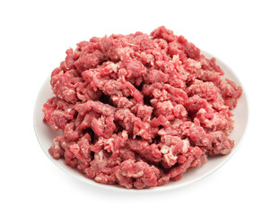 Raw minced meat in bowl isolated on white