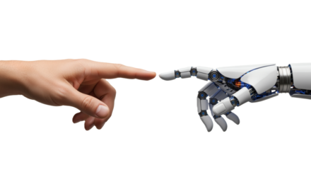 Robot and human hands about to touch, a modern Creation of Adam concept on transparent background.