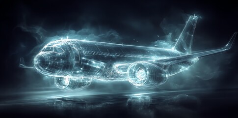 Futuristic Glowing Aircraft Concept with Digital Wireframe Style in Dark Atmosphere