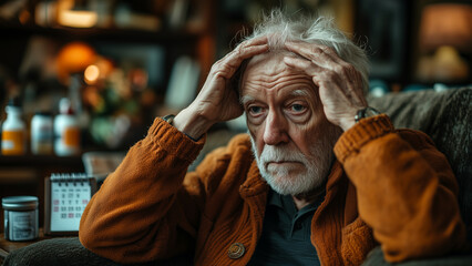 Elderly White man who has dementia sits alone in quiet home, worried expression, memory loss, hands on head, cognitive decline, Alzheimer's disease, elderly Caucasian man