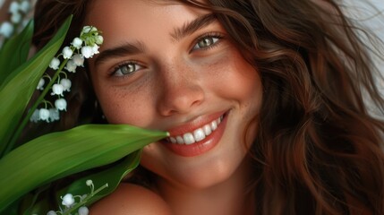 Naklejka premium Happy young woman with curly hair and freckles, smiling warmly while holding green leaves and white flowers against a light background